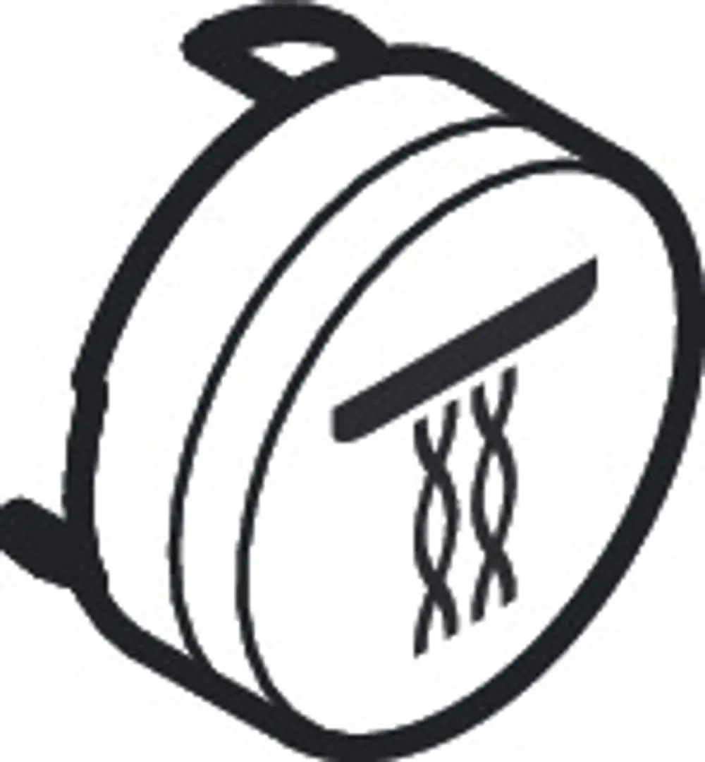 Schwarzes Druckknopf-Symbol von Hansgrohe mit einer stilisierten Darstellung von zwei DNA-Strängen auf der Vorderseite.